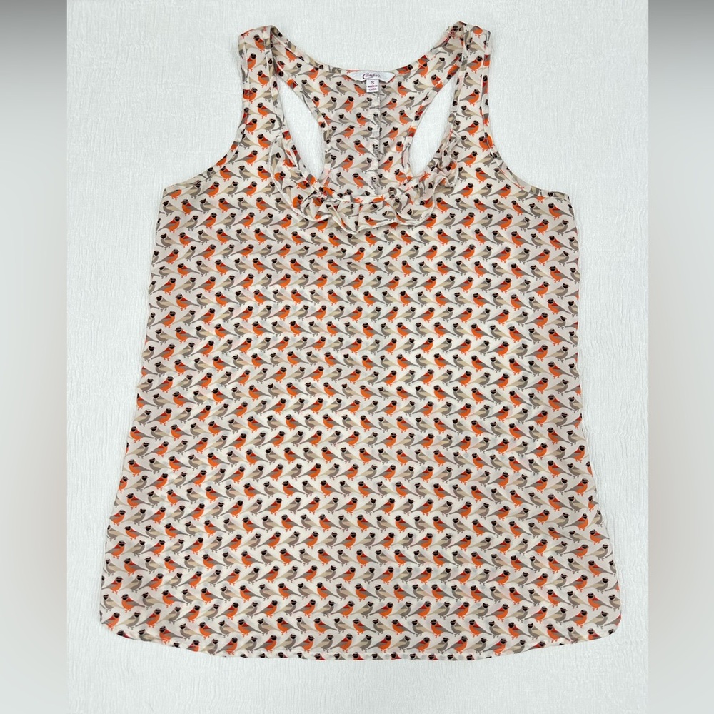 Candie’s Cream Racer back to top with small bird print and ruffle accents